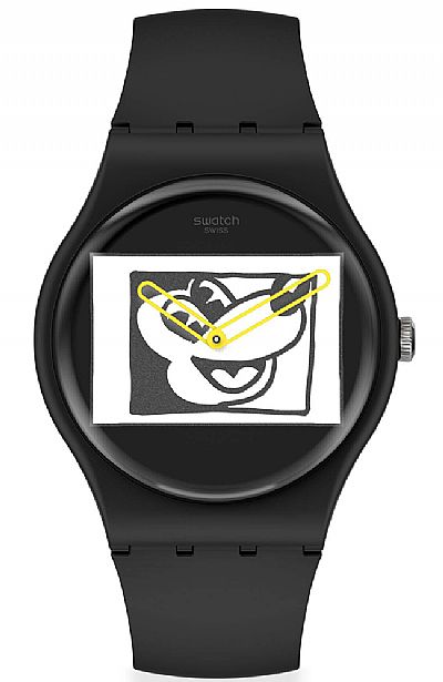 SWATCH Mickey Blanc Sur Noir Black Rubber Strap SUOZ337